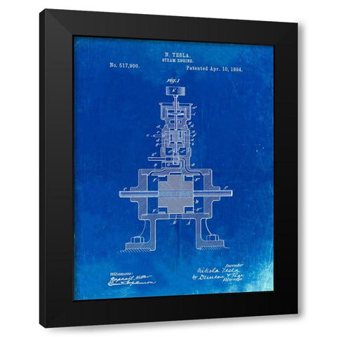 PP1096-Faded Blueprint Tesla Steam Engine Patent Poster Black Modern Wood Framed Art Print by Borders, Cole