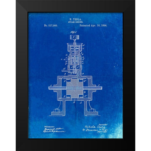 PP1096-Faded Blueprint Tesla Steam Engine Patent Poster Black Modern Wood Framed Art Print by Borders, Cole