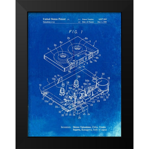 PP1104-Faded Blueprint Toshiba Cassette Tape Recorder Patent Poster Black Modern Wood Framed Art Print by Borders, Cole