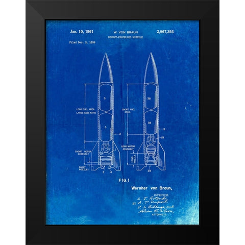 PP1129-Faded Blueprint Von Braun Rocket Missile Patent Poster Black Modern Wood Framed Art Print by Borders, Cole
