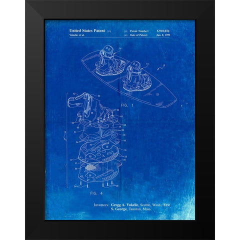 PP1131-Faded Blueprint Wakeboard Patent Poster Black Modern Wood Framed Art Print by Borders, Cole
