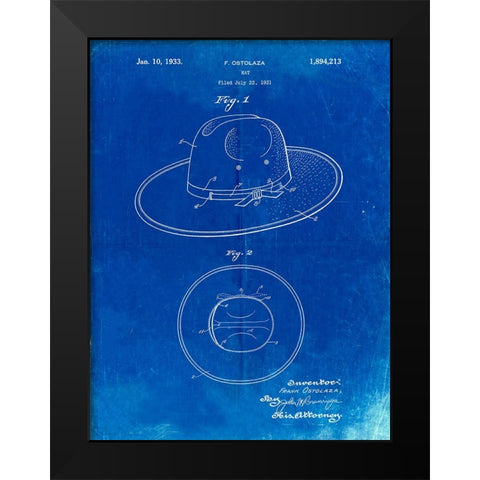 PP1134-Faded Blueprint Wide Brimmed Hat 1937 Patent Poster Black Modern Wood Framed Art Print by Borders, Cole