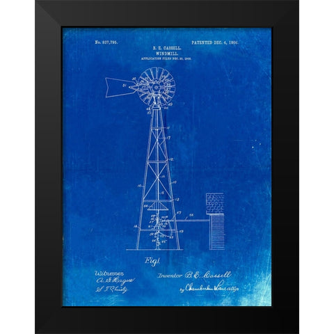 PP1137-Faded Blueprint Windmill 1906 Patent Poster Black Modern Wood Framed Art Print by Borders, Cole