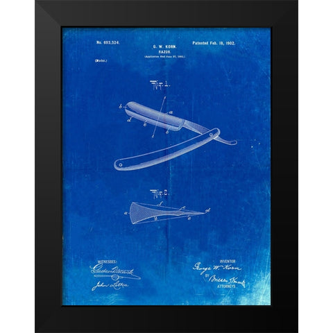 PP1178-Faded Blueprint Straight Razor Patent Poster Black Modern Wood Framed Art Print by Borders, Cole