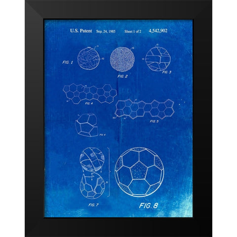 PP54-Faded Blueprint Soccer Ball 1985 Patent Poster Black Modern Wood Framed Art Print by Borders, Cole