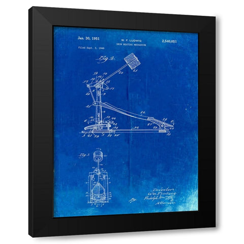PP104-Faded Blueprint Drum Kick Pedal Poster Black Modern Wood Framed Art Print with Double Matting by Borders, Cole