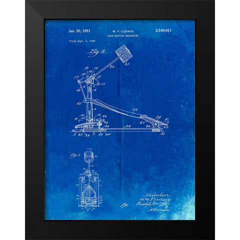 PP104-Faded Blueprint Drum Kick Pedal Poster Black Modern Wood Framed Art Print by Borders, Cole
