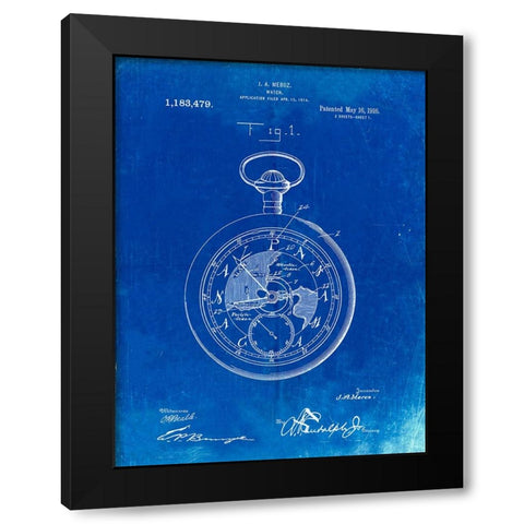 PP112-Faded Blueprint U.S. Watch Co. Pocket Watch Patent Poster Black Modern Wood Framed Art Print with Double Matting by Borders, Cole