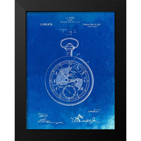 PP112-Faded Blueprint U.S. Watch Co. Pocket Watch Patent Poster Black Modern Wood Framed Art Print by Borders, Cole