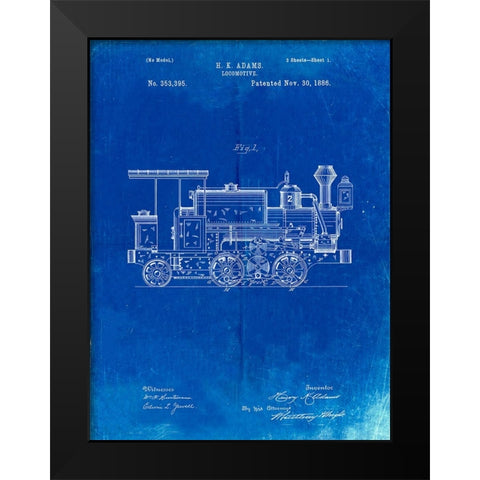 PP122- Faded Blueprint Steam Locomotive 1886 Patent Poster Black Modern Wood Framed Art Print by Borders, Cole