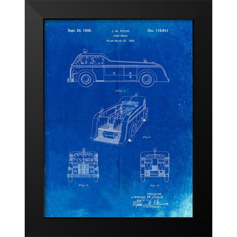 PP128- Faded Blueprint Firetruck 1939 Patent Poster Black Modern Wood Framed Art Print by Borders, Cole