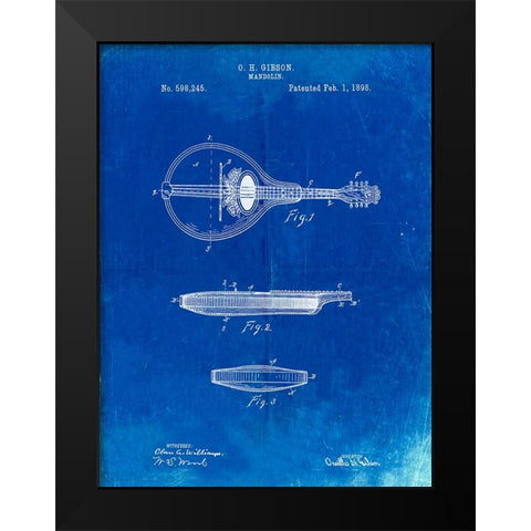 PP137- Faded Blueprint Gibson Mandolin A - Model Patent Poster Black Modern Wood Framed Art Print by Borders, Cole