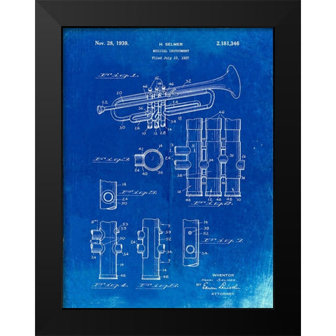PP141- Faded Blueprint Selmer 1939 Trumpet Patent Poster Black Modern Wood Framed Art Print by Borders, Cole