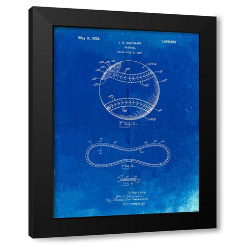PP143- Faded Blueprint Baseball Stitching Patent Black Modern Wood Framed Art Print by Borders, Cole