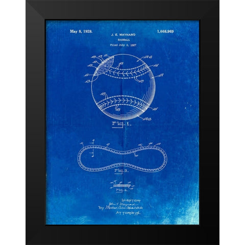 PP143- Faded Blueprint Baseball Stitching Patent Black Modern Wood Framed Art Print by Borders, Cole