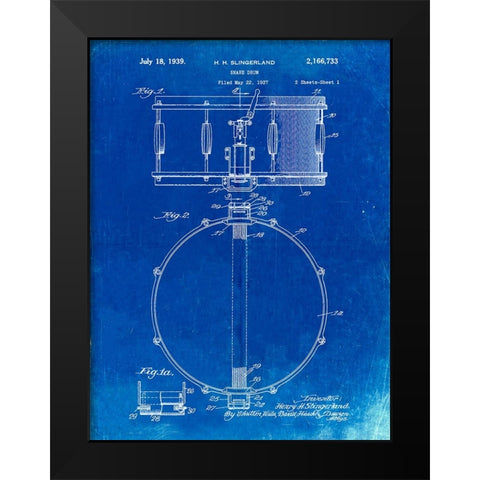 PP147- Faded Blueprint Slingerland Snare Drum Patent Poster Black Modern Wood Framed Art Print by Borders, Cole
