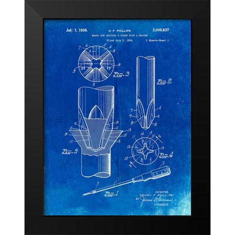 PP153- Faded Blueprint Phillips Head Screw Driver Patent Poster Black Modern Wood Framed Art Print by Borders, Cole