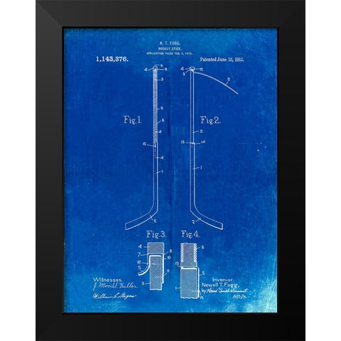 PP157- Faded Blueprint Hockey Stick 1915 Poster Black Modern Wood Framed Art Print by Borders, Cole