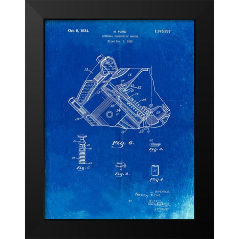 PP172- Faded Blueprint Ford V-8 Combustion Engine 1934 Patent Poster Black Modern Wood Framed Art Print by Borders, Cole