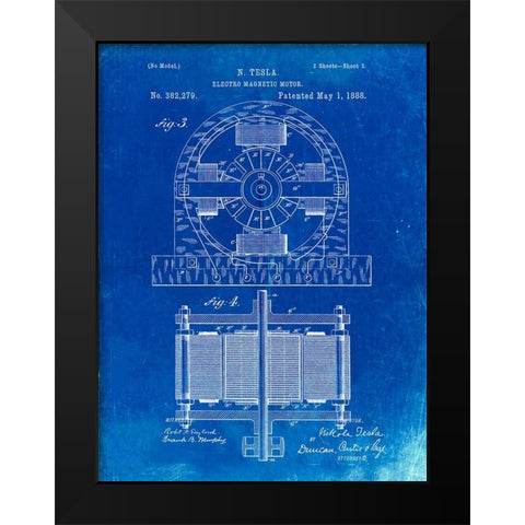 PP173- Faded Blueprint Tesla Electro Motor Patent Poster Black Modern Wood Framed Art Print by Borders, Cole