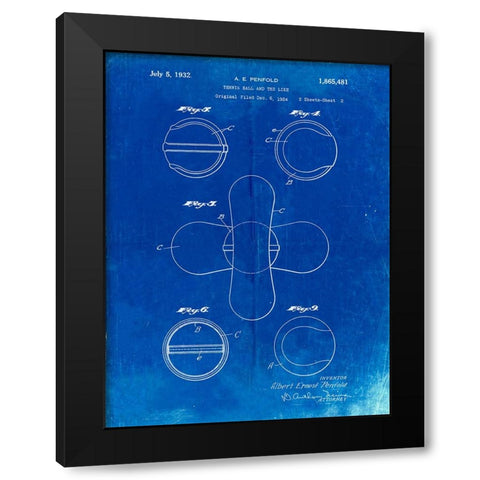 PP182- Faded Blueprint Tennis Ball 1932 Patent Poster Black Modern Wood Framed Art Print by Borders, Cole