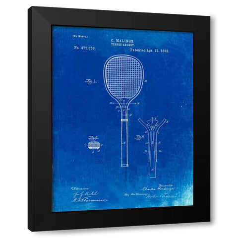 PP183- Faded Blueprint Tennis Racket 1892 Patent Poster Black Modern Wood Framed Art Print with Double Matting by Borders, Cole