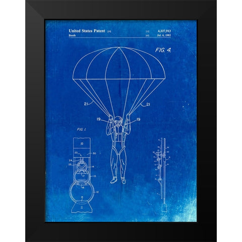 PP187- Faded Blueprint Parachute 1982 Patent Poster Black Modern Wood Framed Art Print by Borders, Cole