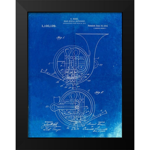 PP188- Faded Blueprint French Horn 1914 Patent Poster Black Modern Wood Framed Art Print by Borders, Cole