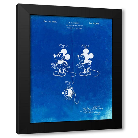 PP191- Faded Blueprint Mickey Mouse 1929 Patent Poster Black Modern Wood Framed Art Print with Double Matting by Borders, Cole