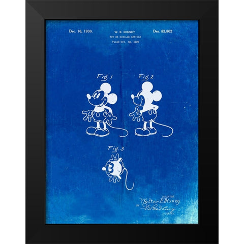 PP191- Faded Blueprint Mickey Mouse 1929 Patent Poster Black Modern Wood Framed Art Print by Borders, Cole