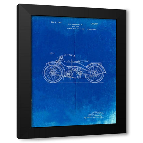 PP194- Faded Blueprint Harley Davidson Motorcycle 1919 Patent Poster Black Modern Wood Framed Art Print by Borders, Cole