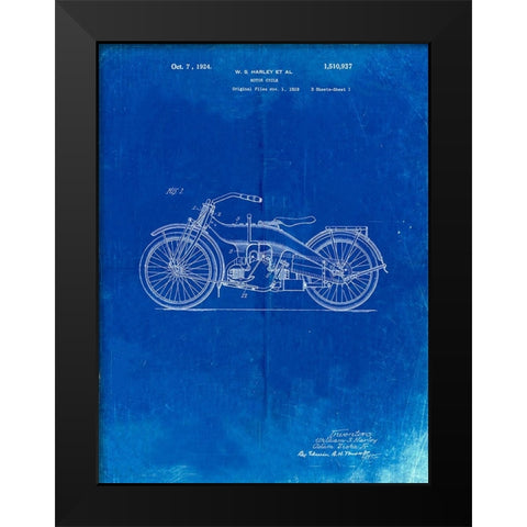 PP194- Faded Blueprint Harley Davidson Motorcycle 1919 Patent Poster Black Modern Wood Framed Art Print by Borders, Cole