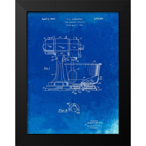 PP197- Faded Blueprint KitchenAid Kitchen Mixer Patent Poster Black Modern Wood Framed Art Print by Borders, Cole
