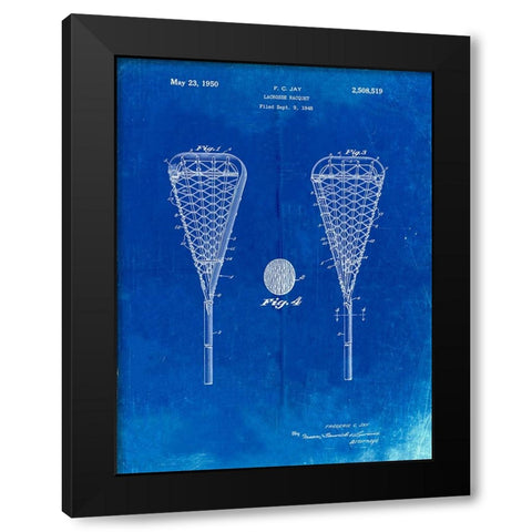 PP199- Faded Blueprint Lacrosse Stick 1948 Patent Poster Black Modern Wood Framed Art Print by Borders, Cole