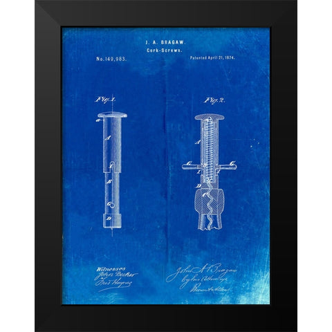 PP203- Faded Blueprint Corkscrew 1874 Patent Poster Black Modern Wood Framed Art Print by Borders, Cole