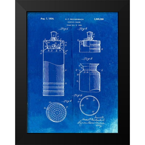 PP204- Faded Blueprint Cocktail Shaker Patent Poster Black Modern Wood Framed Art Print by Borders, Cole