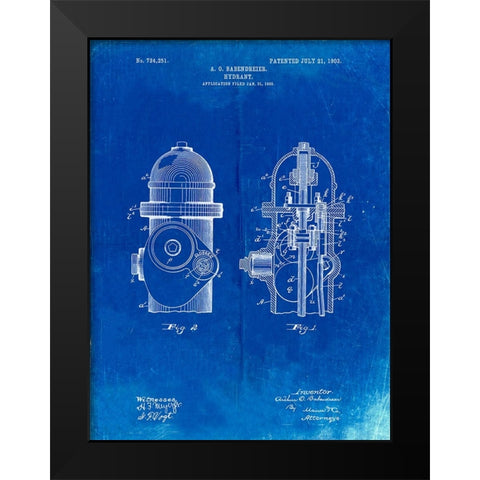 PP210-Faded Blueprint Fire Hydrant 1903 Patent Poster Black Modern Wood Framed Art Print by Borders, Cole