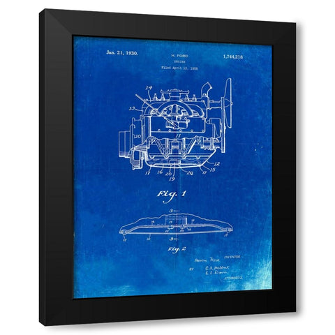 PP220-Faded Blueprint Model A Ford Pickup Truck Engine Poster Black Modern Wood Framed Art Print by Borders, Cole