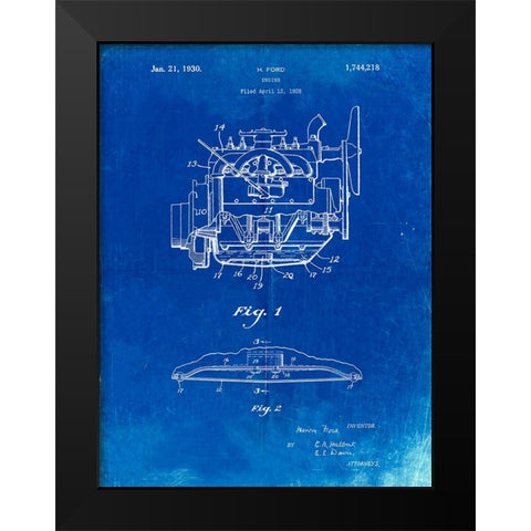 PP220-Faded Blueprint Model A Ford Pickup Truck Engine Poster Black Modern Wood Framed Art Print by Borders, Cole
