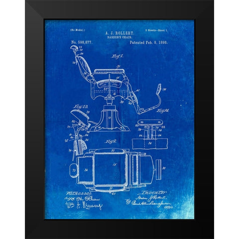 PP244-Faded Blueprint Barbers Chair Patent Black Modern Wood Framed Art Print by Borders, Cole