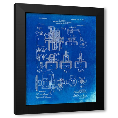 PP257-Faded Blueprint Diesel Engine 1898 Patent Poster Black Modern Wood Framed Art Print by Borders, Cole