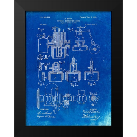 PP257-Faded Blueprint Diesel Engine 1898 Patent Poster Black Modern Wood Framed Art Print by Borders, Cole