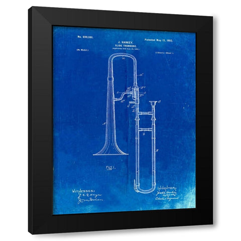 PP261-Faded Blueprint Slide Trombone Patent Poster Black Modern Wood Framed Art Print by Borders, Cole