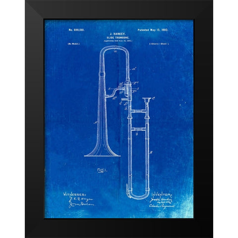 PP261-Faded Blueprint Slide Trombone Patent Poster Black Modern Wood Framed Art Print by Borders, Cole