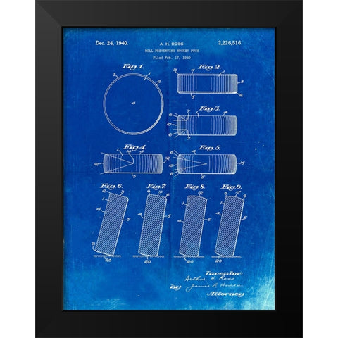 PP290-Faded Blueprint Hockey Puck Patent Poster Black Modern Wood Framed Art Print by Borders, Cole