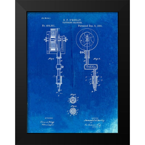 PP308-Faded Blueprint Tattooing Machine Patent Poster Black Modern Wood Framed Art Print by Borders, Cole