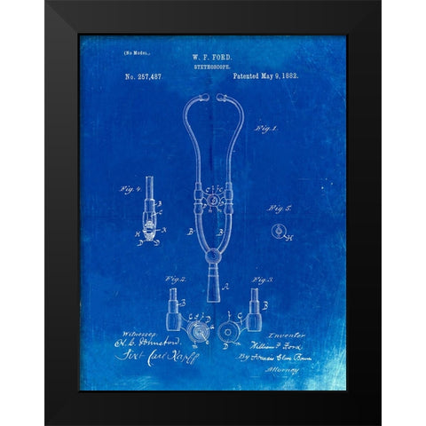 PP315-Faded Blueprint Stethoscope Patent Poster Black Modern Wood Framed Art Print by Borders, Cole