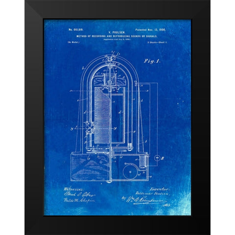 PP318-Faded Blueprint Poulsen Magnetic Wire Recorder 1900 Patent Poster Black Modern Wood Framed Art Print by Borders, Cole