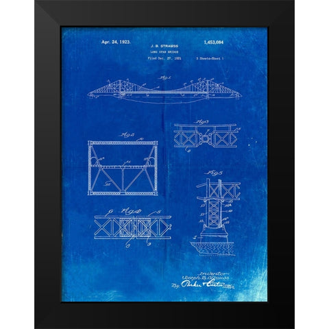 PP350-Faded Blueprint Golden Gate Bridge Patent Poster Black Modern Wood Framed Art Print by Borders, Cole