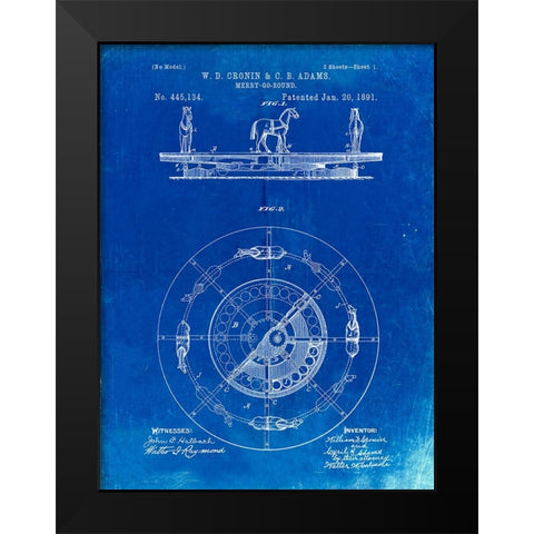 PP351-Faded Blueprint Carousel 1891 Patent Poster Black Modern Wood Framed Art Print by Borders, Cole